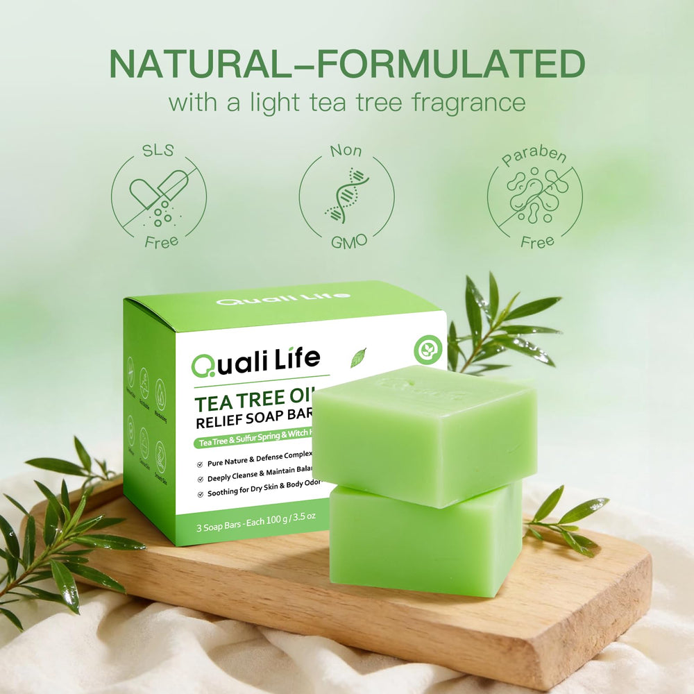 QualiLife Tea Tree Soap three-bar pack ready for home, gym, or travel.