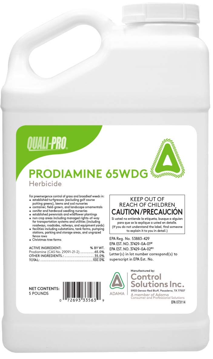 Quali-Pro Prodiamine 65 WDG bottle for crabgrass prevention and broadleaf weed control.