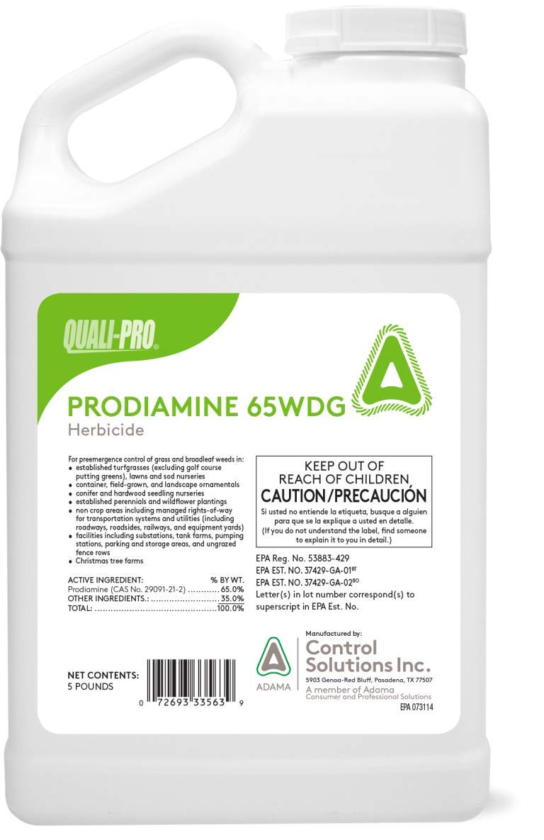 Quali-Pro Prodiamine bottle with yellow granules for pre-emergent weed control in lawns.