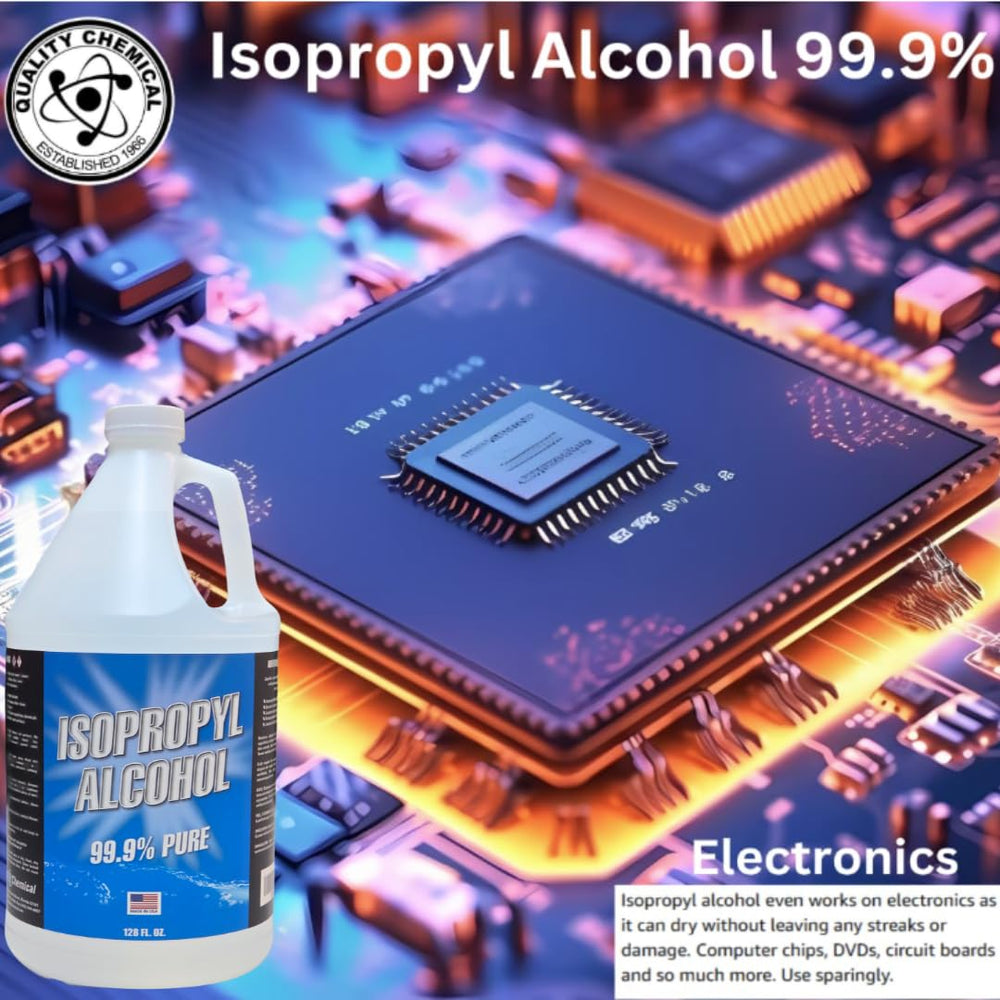 Quality Chemical 99.9% IPA bottle highlighting high-purity cleaning without fillers.
