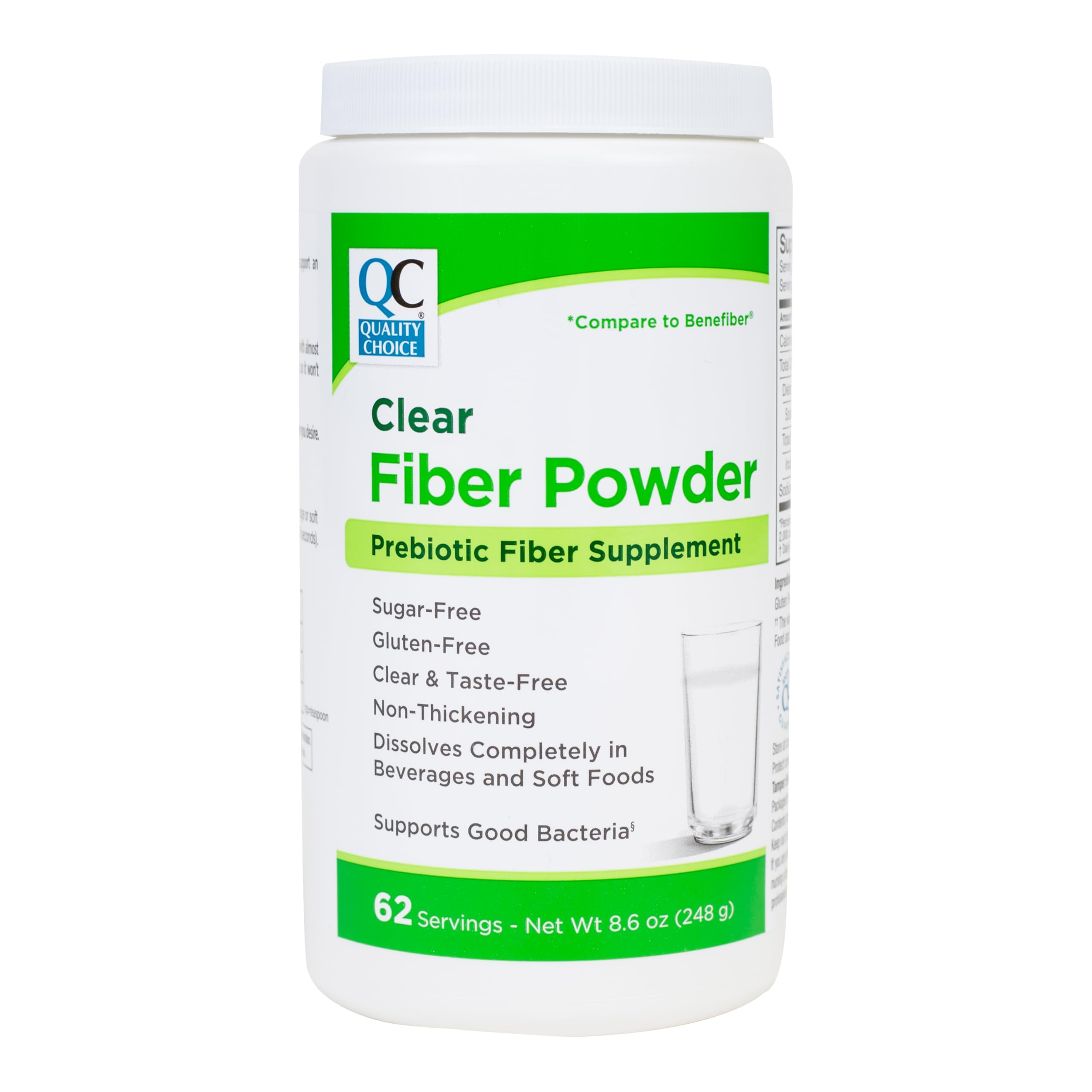 Quality Choice clear prebiotic fiber powder bottle, tasteless and easy to mix for everyday drinks.