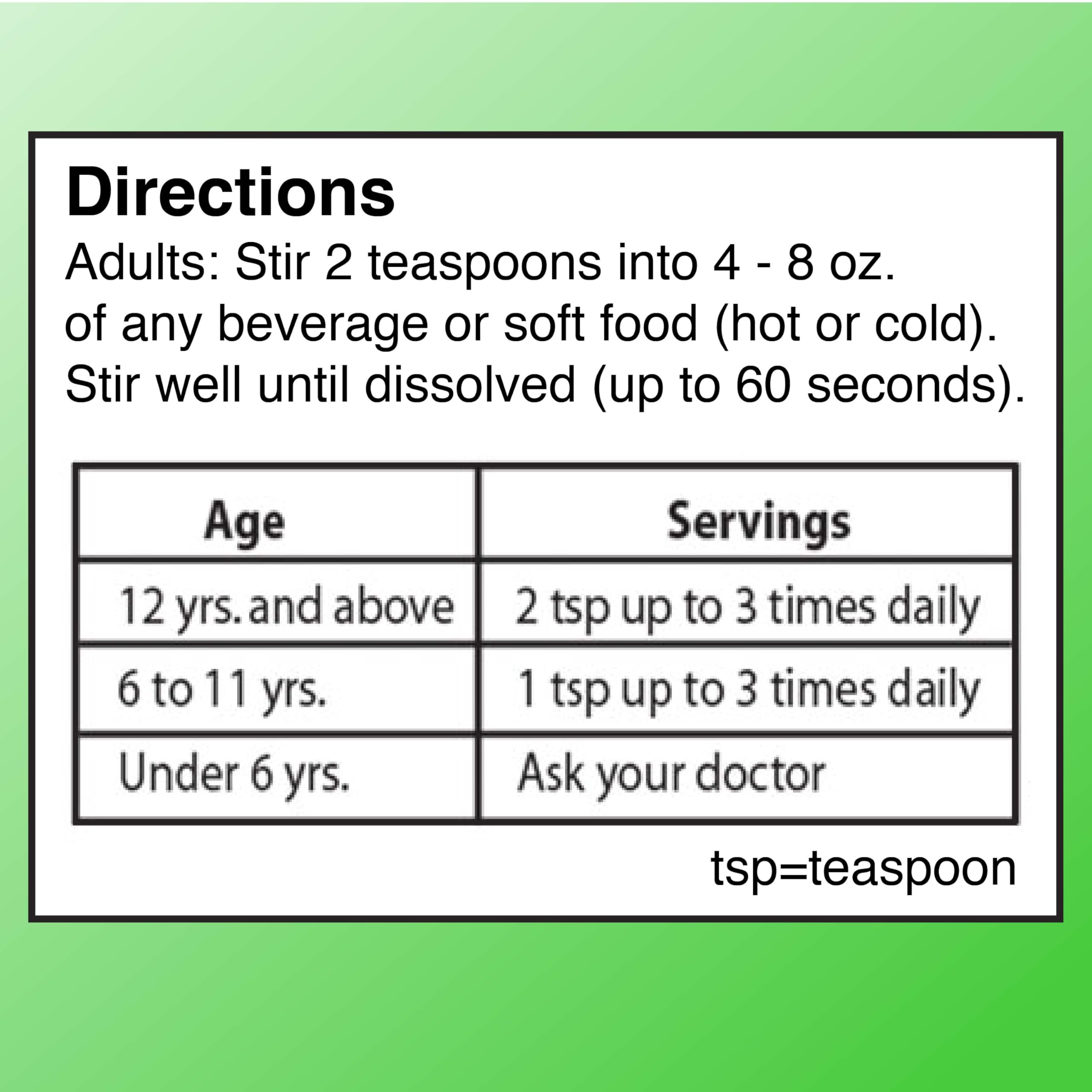Child-friendly serving of Quality Choice fiber powder for ages six and up.