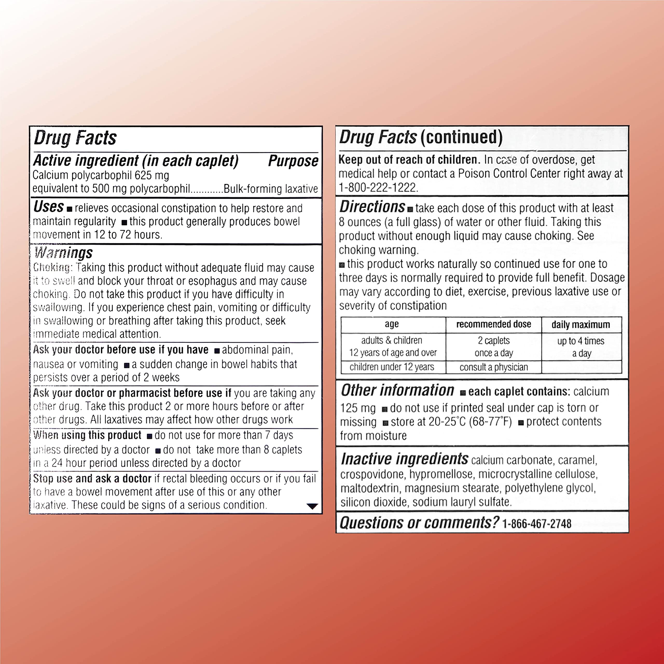 Quality Choice fiber caplets label close-up with ingredients for daily digestive health