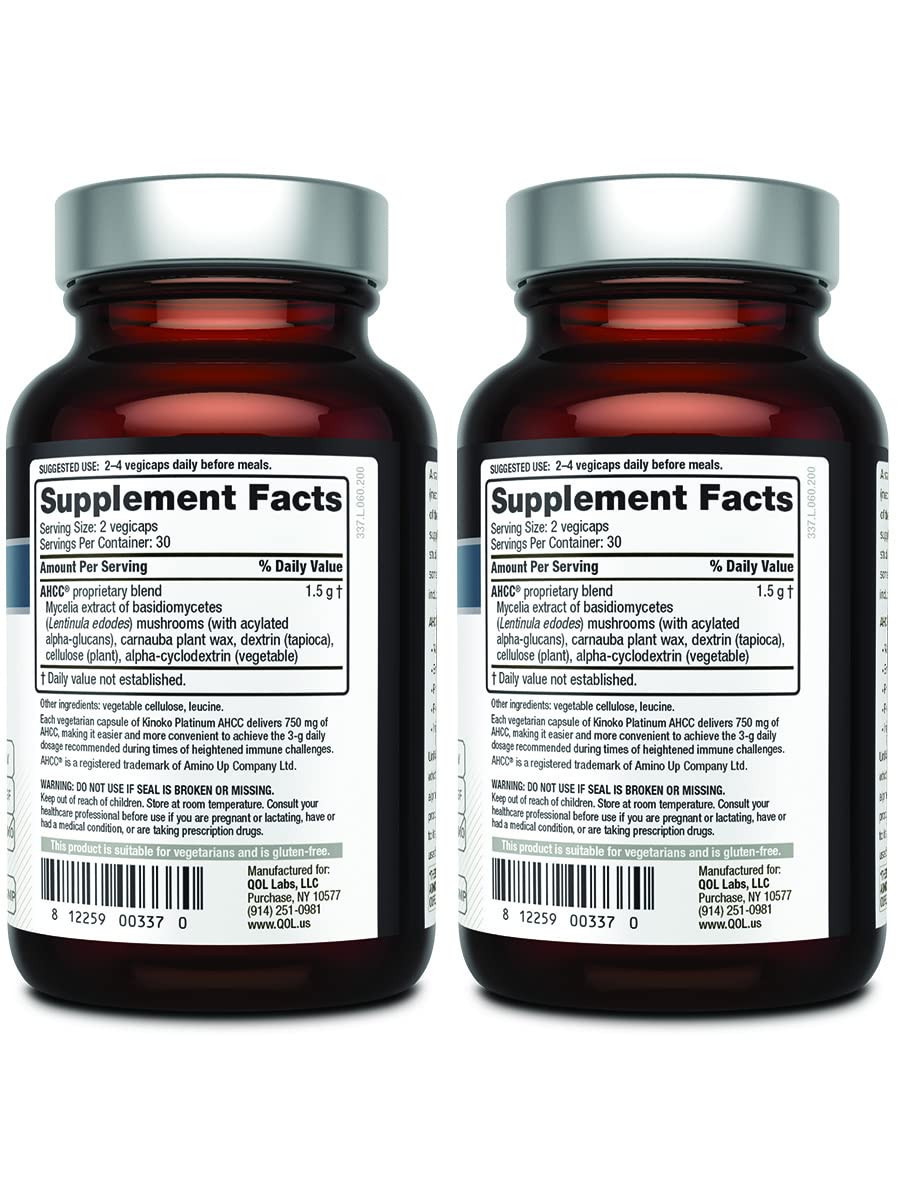 Quality of Life AHCC Kinoko Platinum 750 mg capsules close-up showing vegetarian, vegan formula.