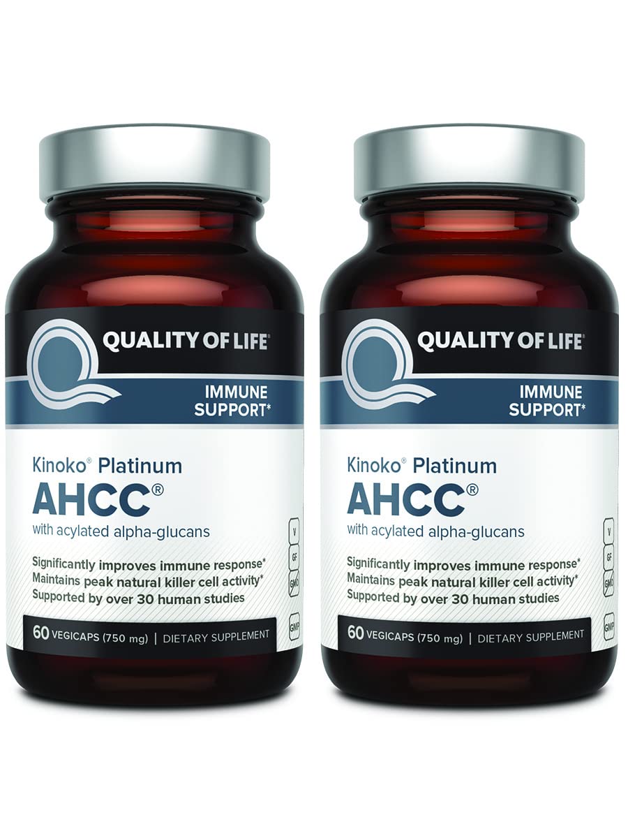 Quality of Life AHCC Kinoko Platinum 750 mg bottle front view signaling premium immune support.