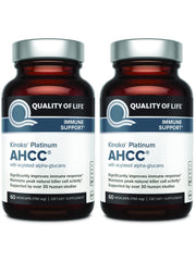 Quality of Life AHCC Kinoko Platinum 750 mg bottle front view signaling premium immune support.
