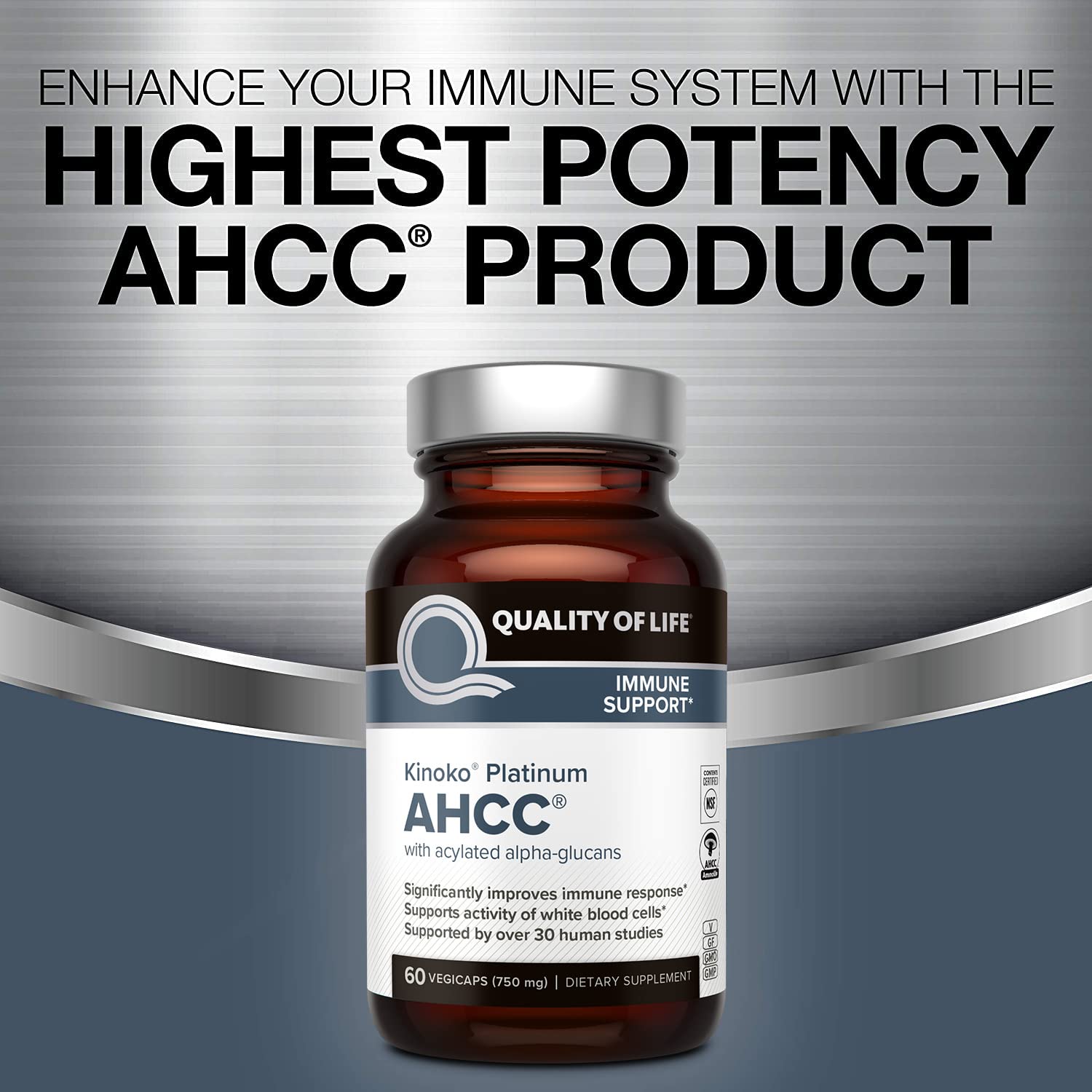 Quality of Life AHCC Kinoko Platinum 750 mg capsules on countertop for daily use.