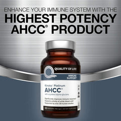 Quality of Life AHCC Kinoko Platinum 750 mg capsules on countertop for daily use.