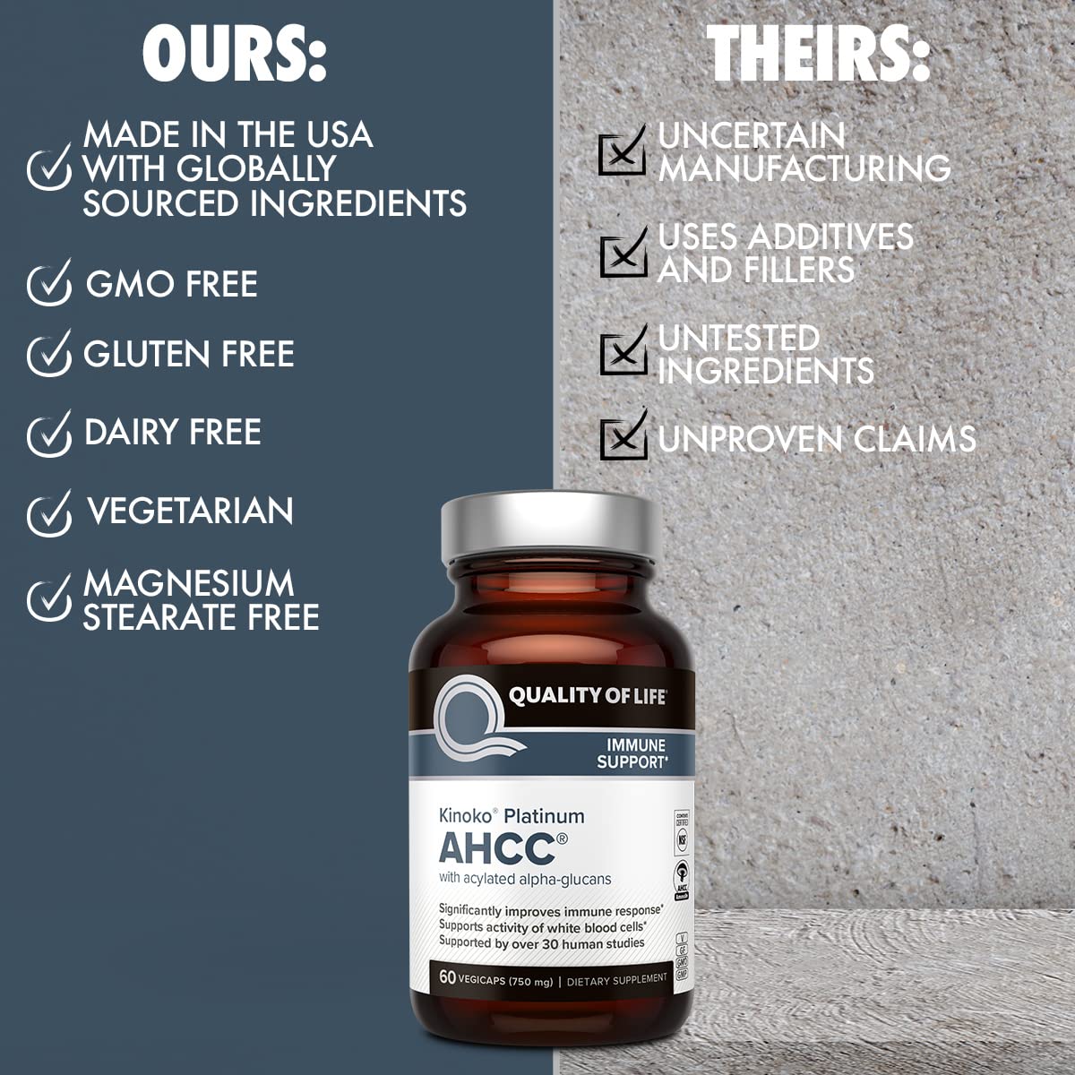 Quality of Life AHCC Kinoko Platinum 750 mg label detail highlighting product information and benefits.