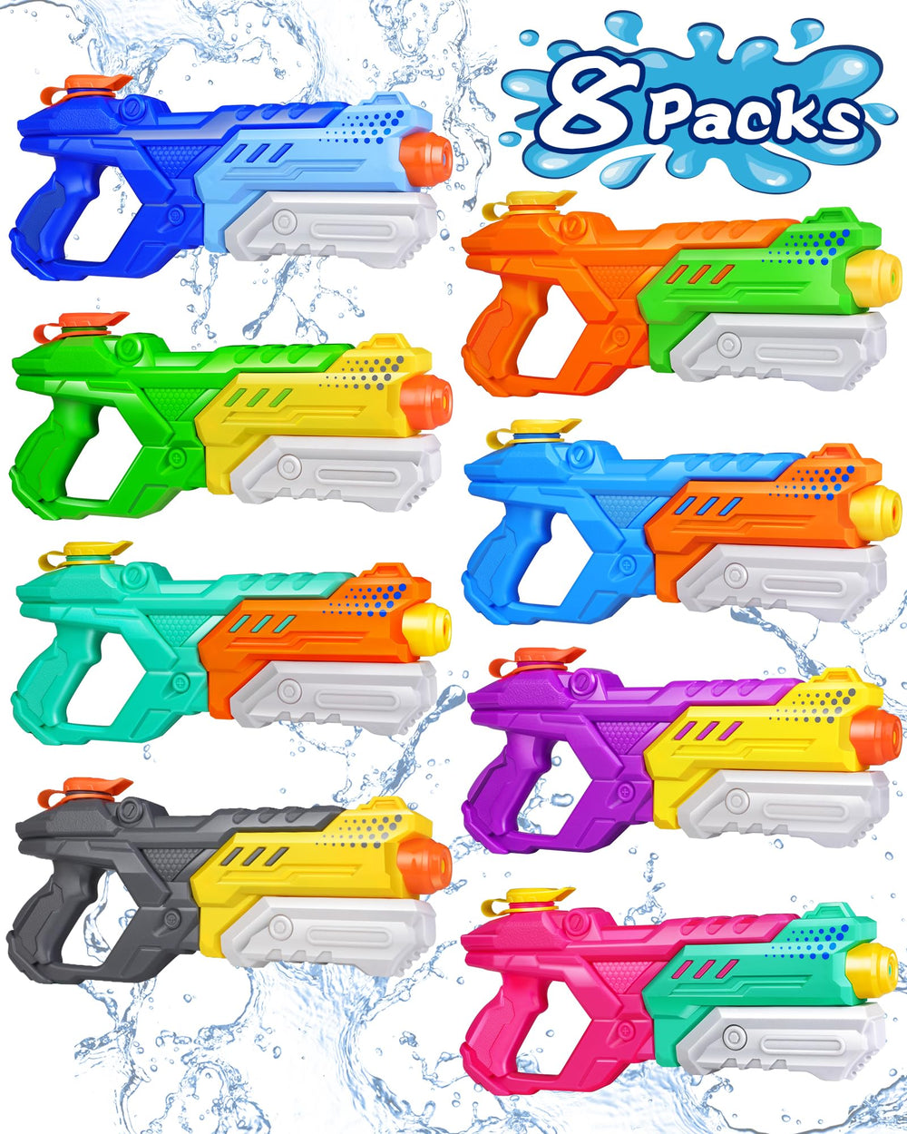 Quanquer 8-pack water guns front view shows durable ABS construction for long-lasting play.