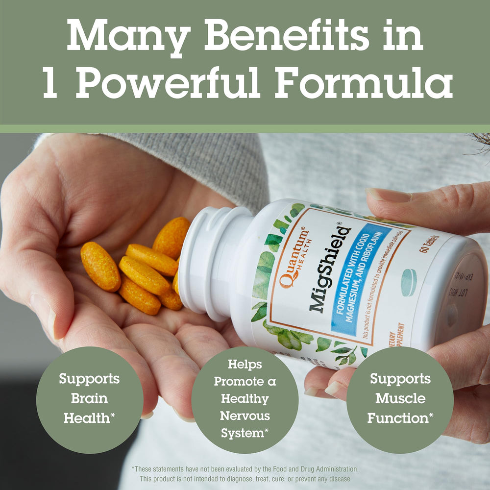 Quantum MigShield tablets side-angle shot presents a discreet daily supplement option