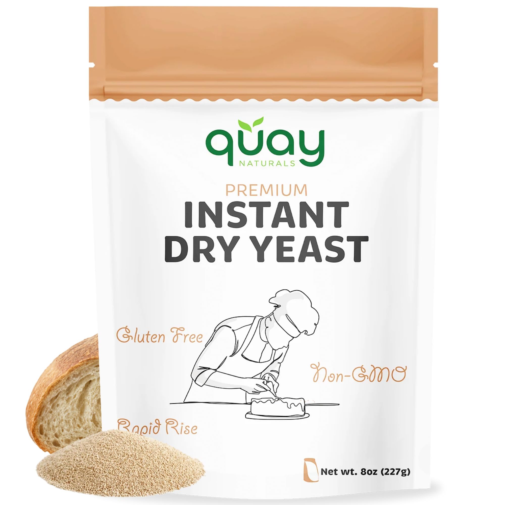 Quay Naturals Instant Dry Yeast package on a kitchen counter for quick, reliable dough rise.