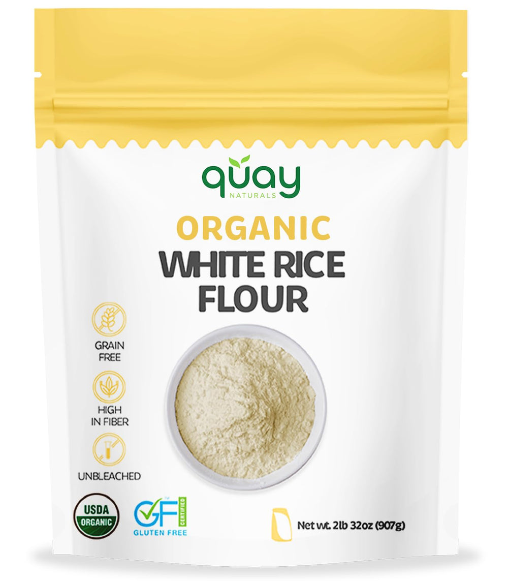 Quay Naturals white rice flour package front, gluten-free baking base.