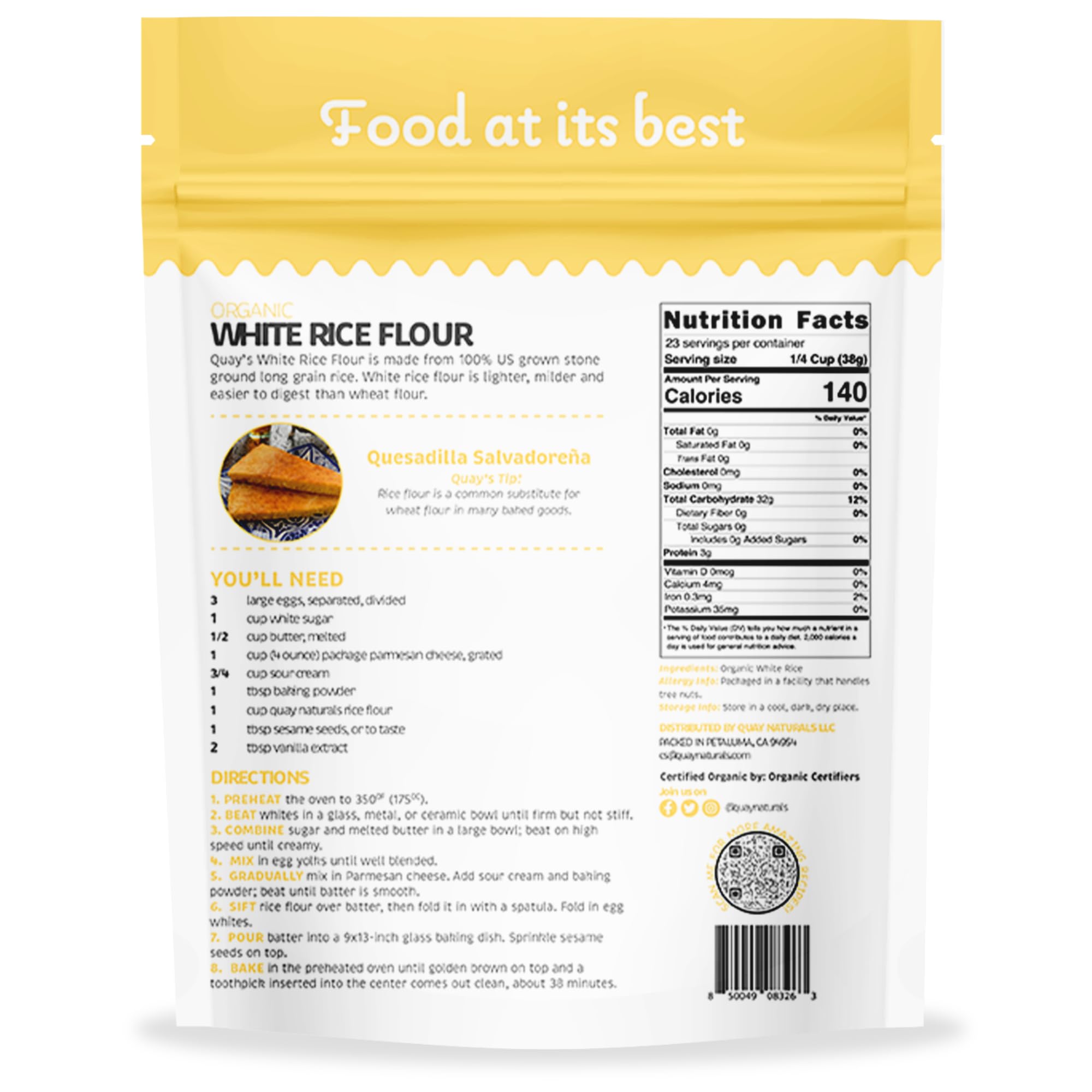 Quay Naturals rice flour texture close-up, superfine grind for tender crusts.