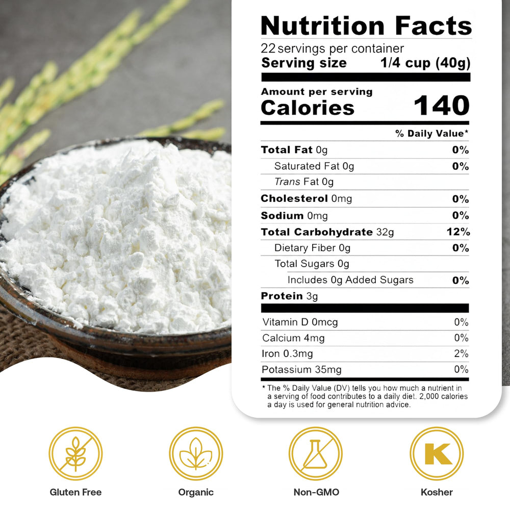 Quay Naturals white rice flour poured into bowl for gluten-free batter.