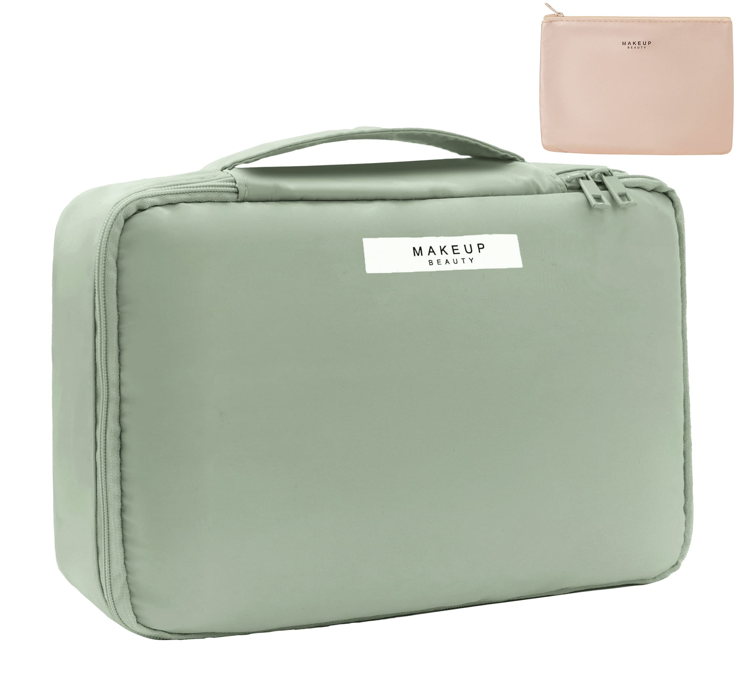 Queboom travel makeup bag green front view for organized on-the-go cosmetics storage