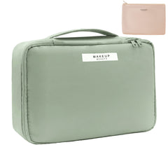 Queboom travel makeup bag green front view for organized on-the-go cosmetics storage
