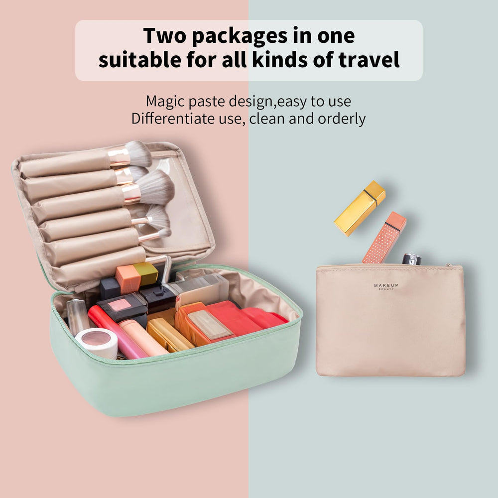 Queboom travel makeup bag green held in hand, portable travel companion