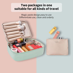 Queboom travel makeup bag green held in hand, portable travel companion