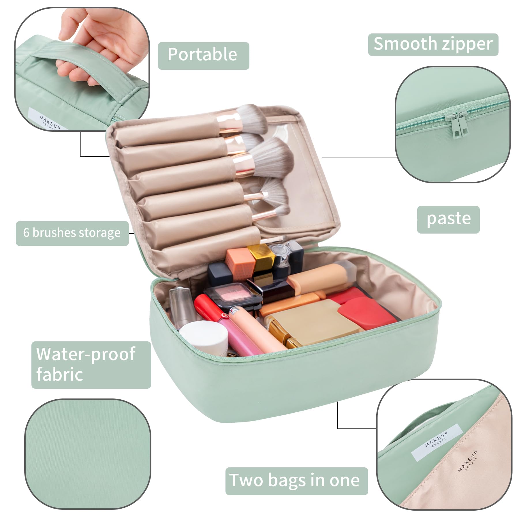 Queboom makeup bag green close-up highlights soft fabric and padding