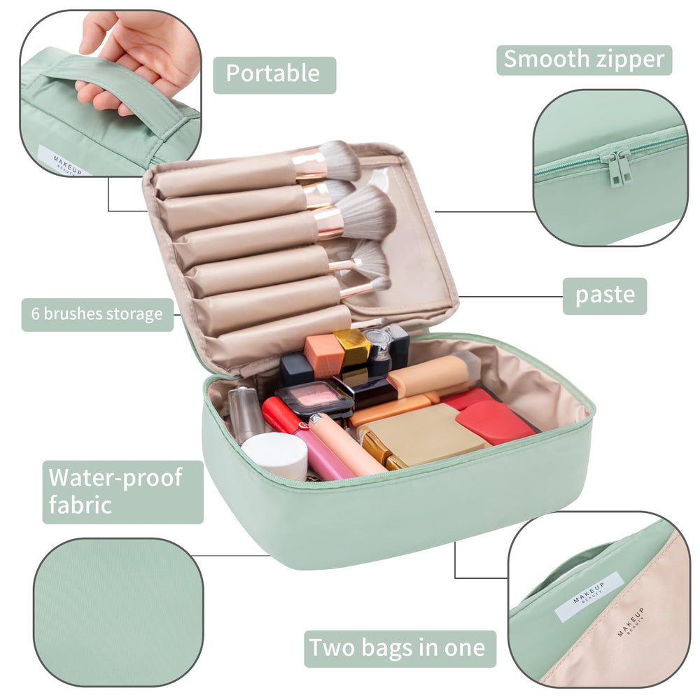 Queboom makeup bag green close-up highlights soft fabric and padding