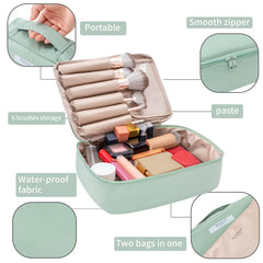 Queboom makeup bag green close-up highlights soft fabric and padding