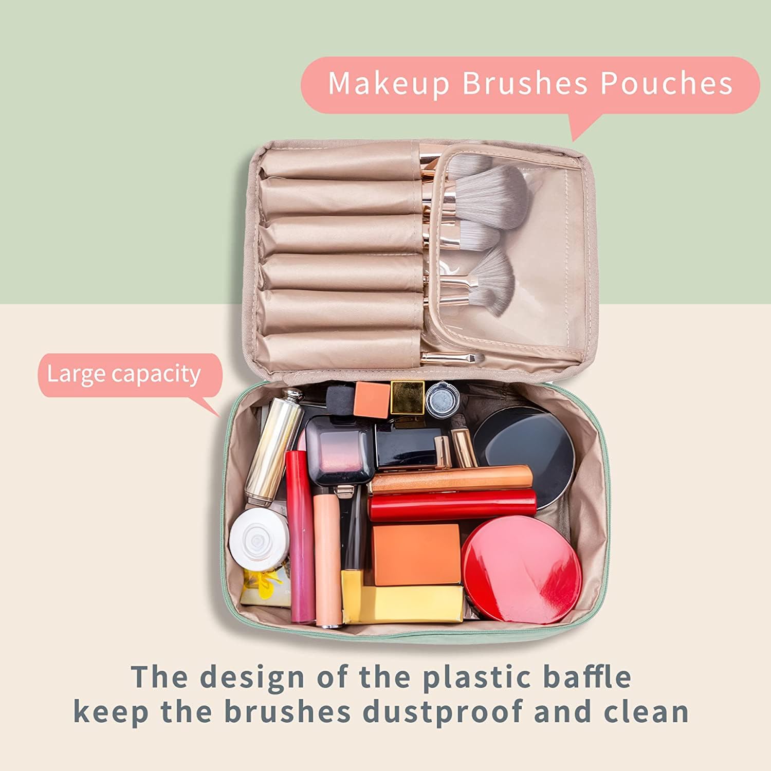 Queboom bag green inner pocket and removable pouch protect cosmetics