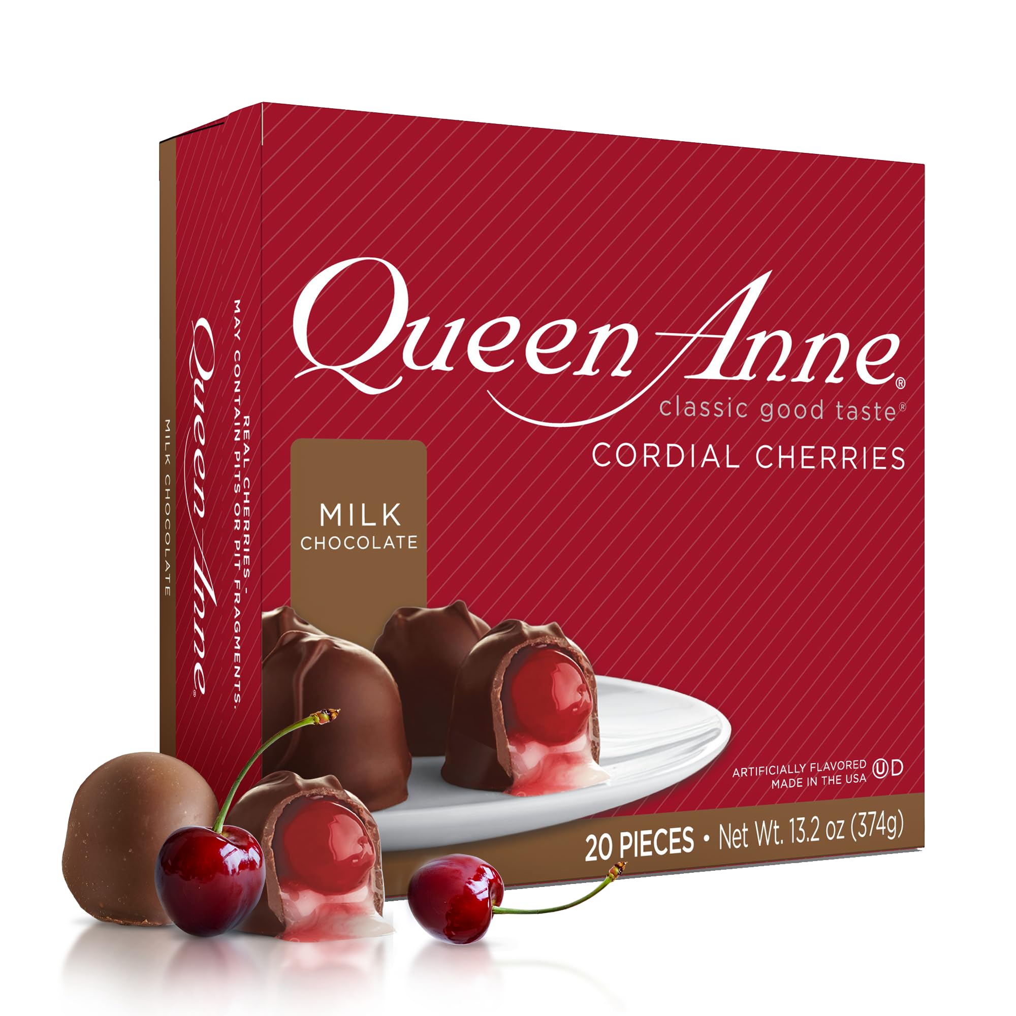 Queen Anne milk chocolate cordial cherries box front, ideal holiday gift.