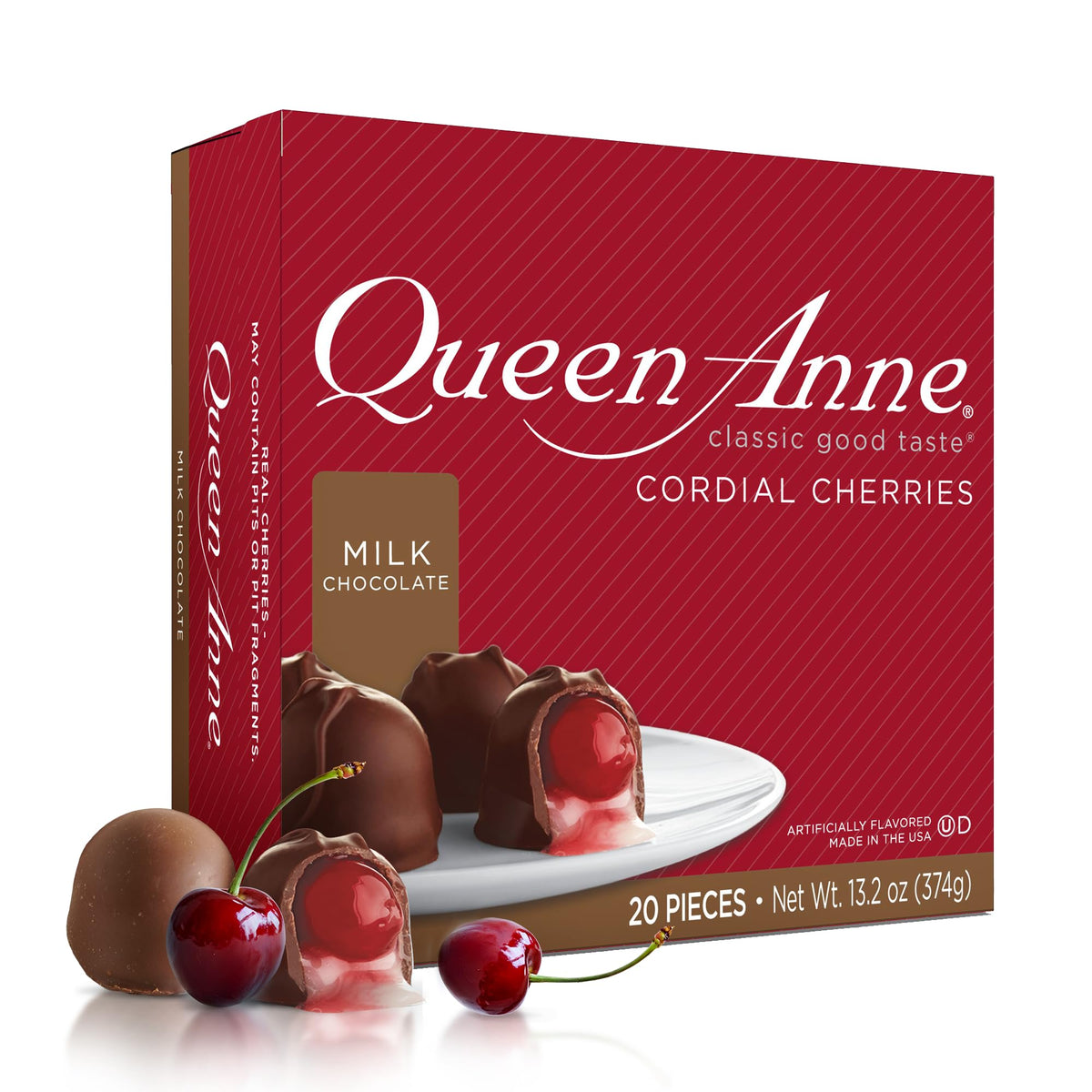 Queen Anne milk chocolate cordial cherries box front, ideal holiday gift.