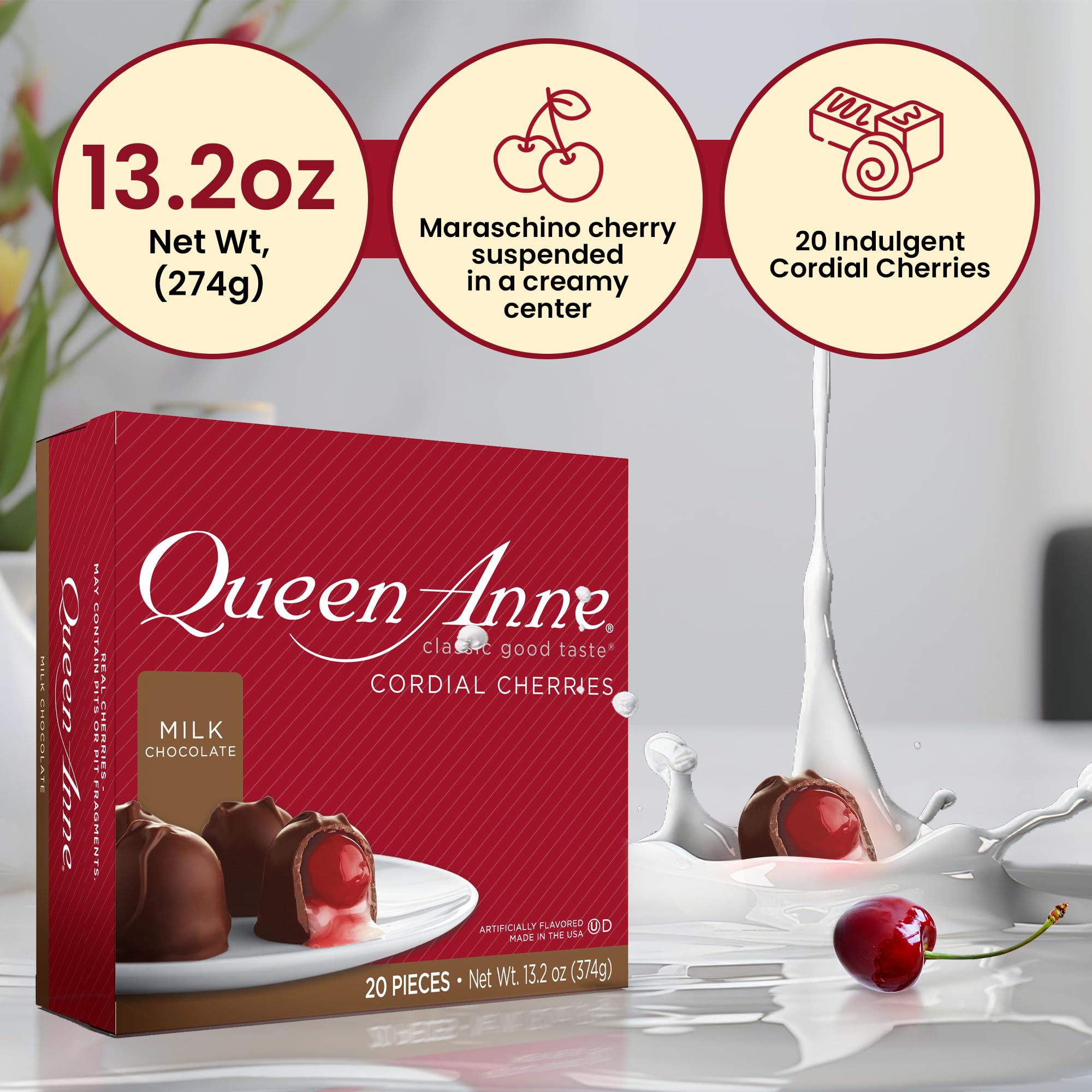 Queen Anne smooth milk chocolate coating on cherries, silky texture.
