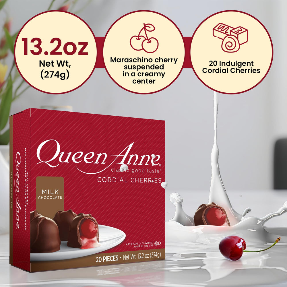 Queen Anne smooth milk chocolate coating on cherries, silky texture.