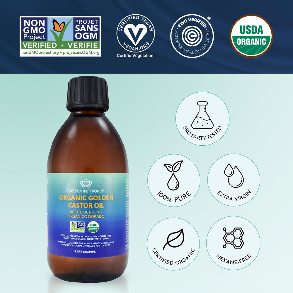 QUEEN OF THE THRONES Castor Oil used as a nighttime moisturizer for skin hydration