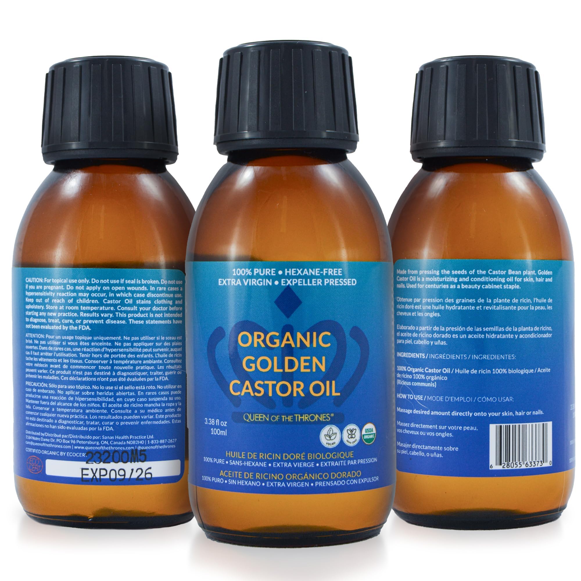 Queen of the Thrones Organic Golden Castor Oil in amber glass protects purity and quality