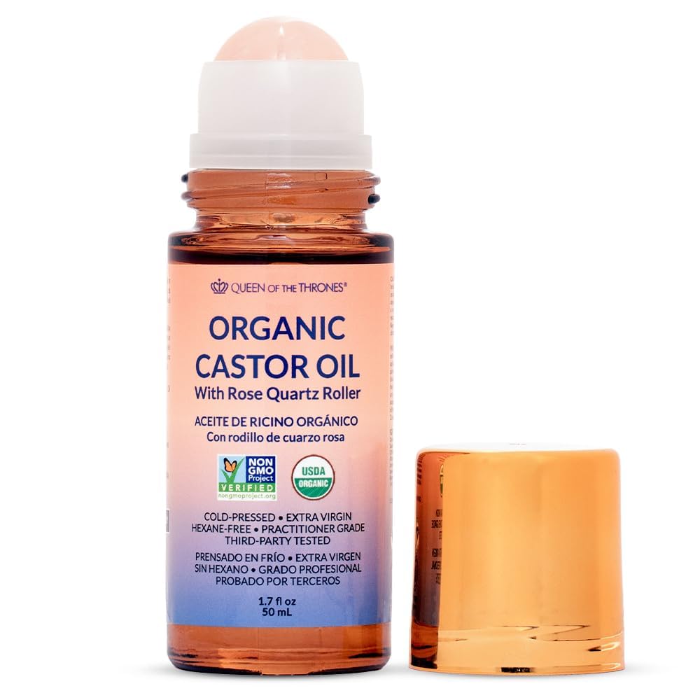 QUEEN OF THE THRONES Organic Castor Oil Roll-On with Rose Quartz, rose quartz roller for soothing skin