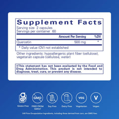 Quercetin 500mg capsules close-up showing texture and potency for immune health.