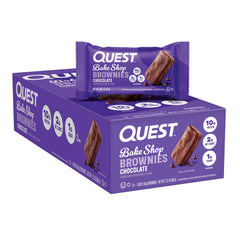 Quest Bake Shop Brownies packaging shown for convenient protein snack on the go.