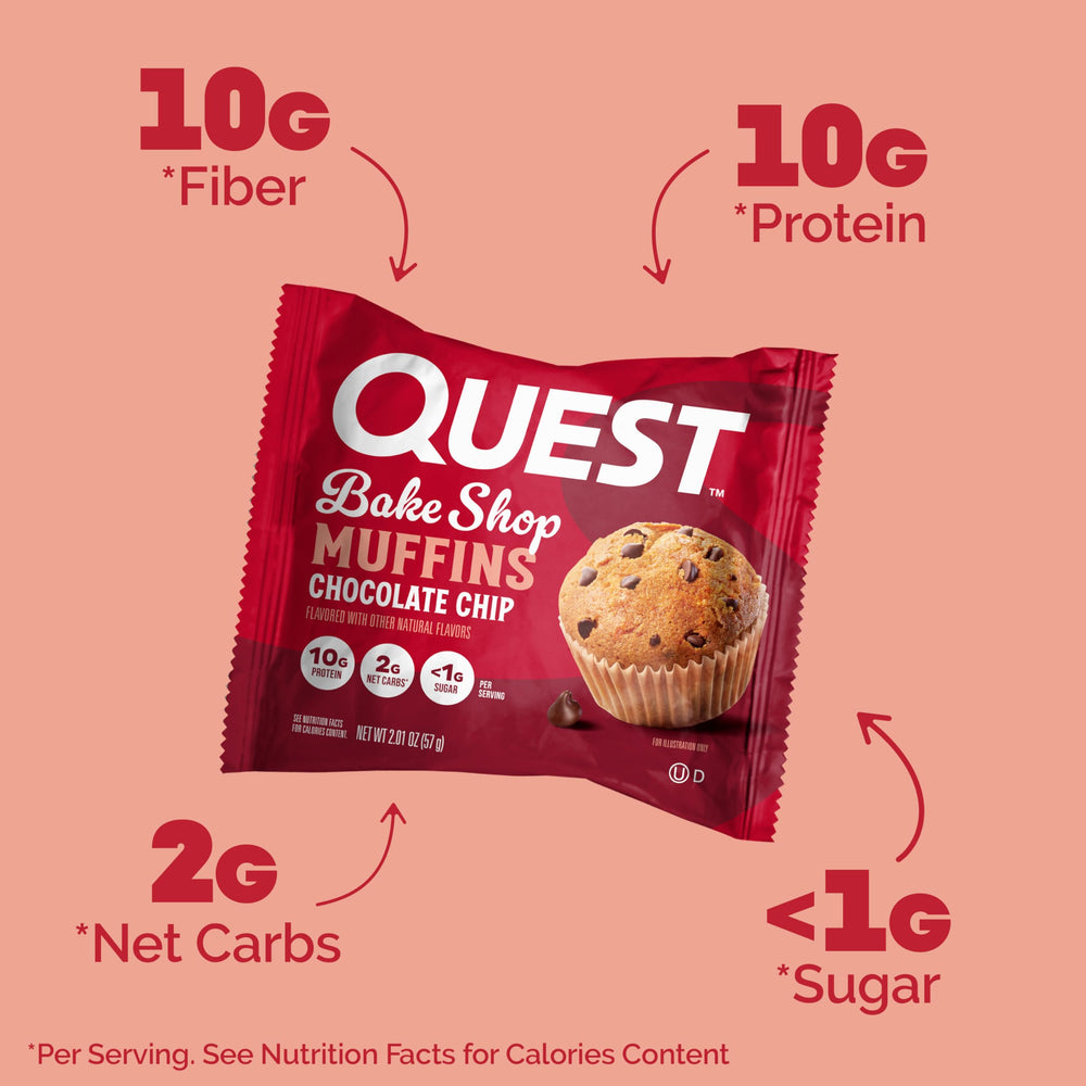 Close-up of Quest muffins highlighting rich chocolate chips and flavor.