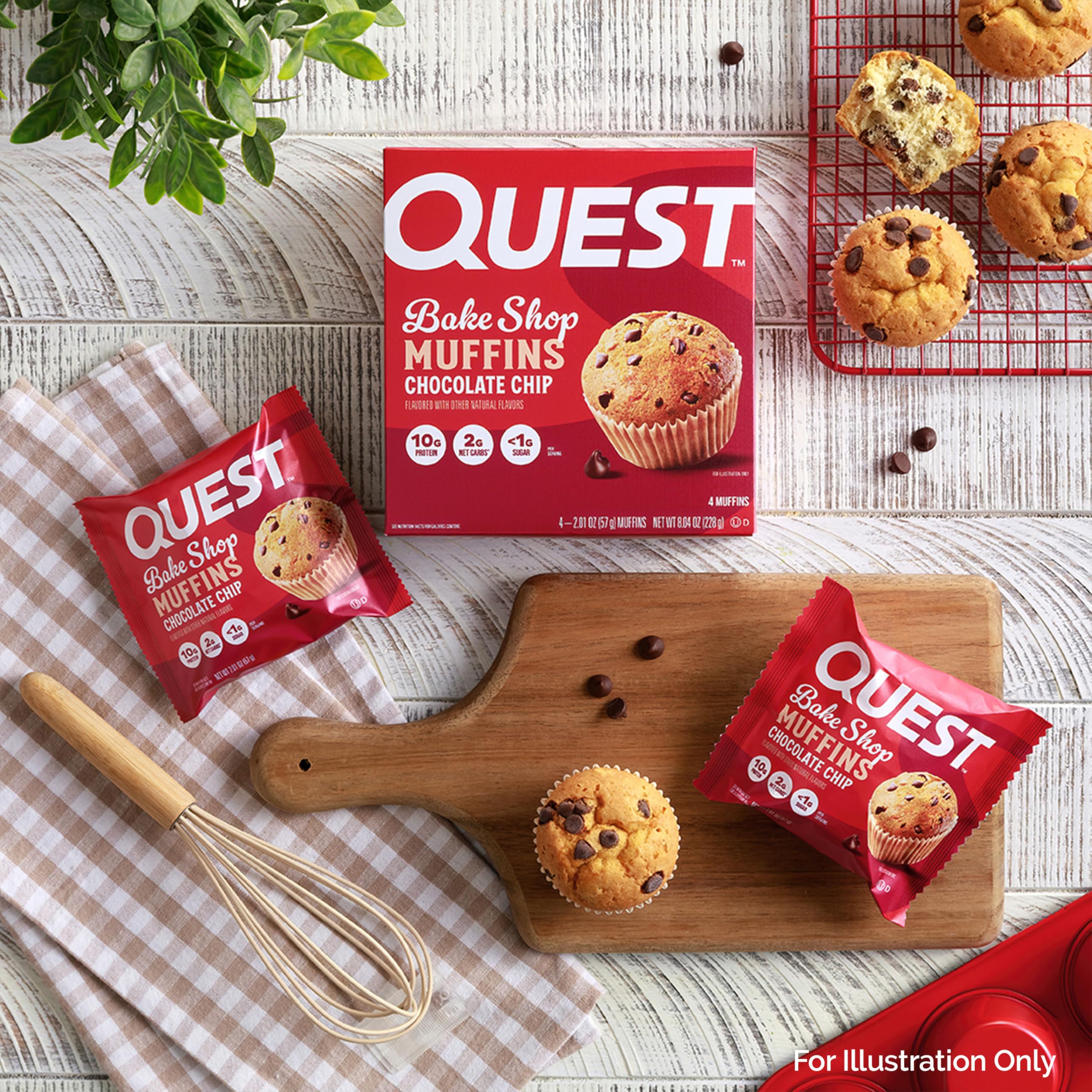 Quest Bake Shop Chocolate Chip Muffins nutrition panel emphasizes 10g protein per serving.