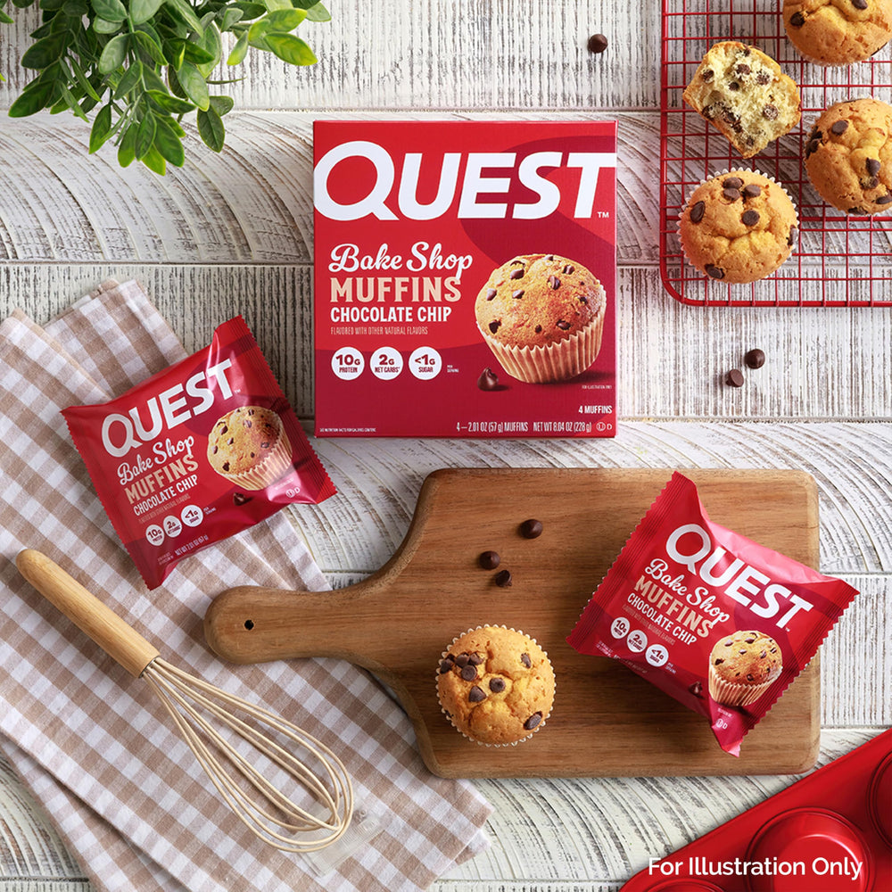 Quest Bake Shop Chocolate Chip Muffins nutrition panel emphasizes 10g protein per serving.