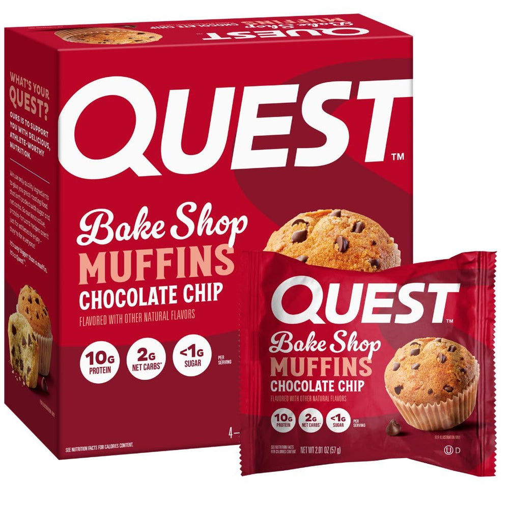Quest Bake Shop Chocolate Chip Muffins pack ready for a quick protein-boost snack.
