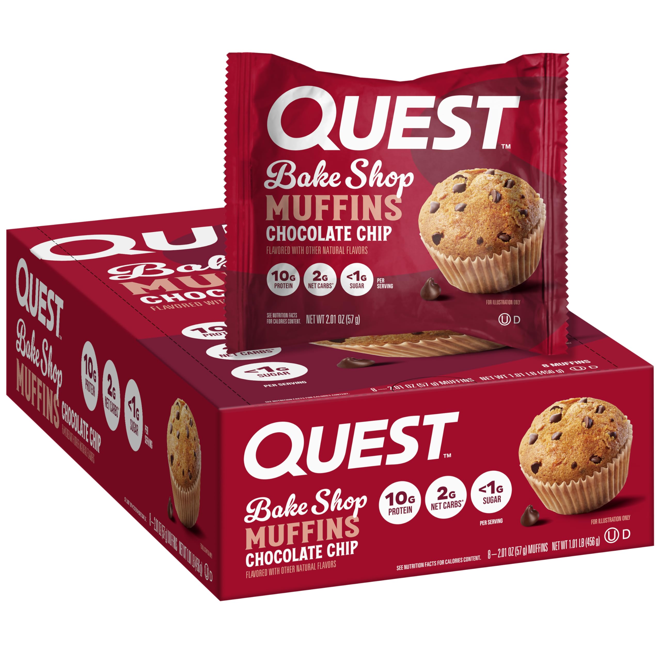 Quest Bake Shop Chocolate Chip Muffins packaging shows a convenient high-protein snack.