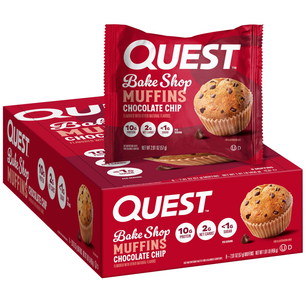 Quest Bake Shop Chocolate Chip Muffins packaging shows a convenient high-protein snack.
