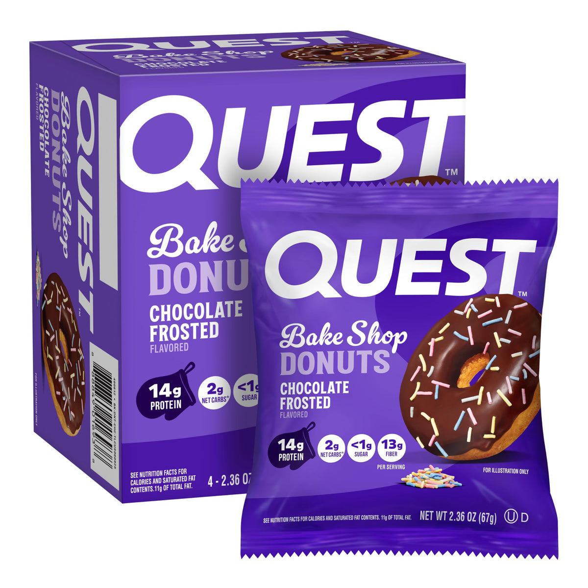 Quest Bake Shop Chocolate Frosted Donuts vanilla base close-up shows high-protein snack appeal.