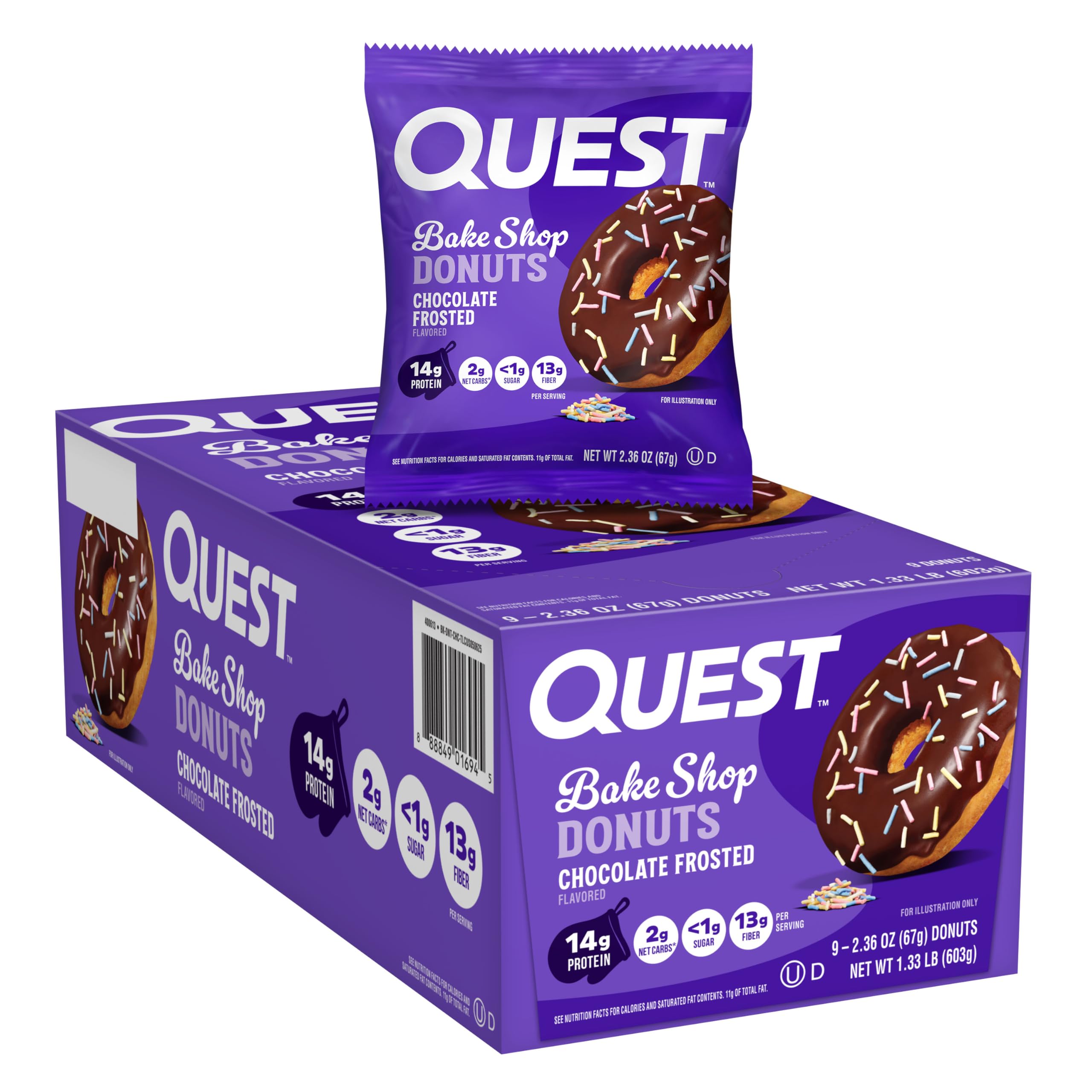 Quest Bake Shop vanilla cake donut with chocolate frosting, 14g protein per serving.