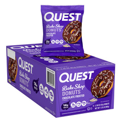 Quest Bake Shop vanilla cake donut with chocolate frosting, 14g protein per serving.