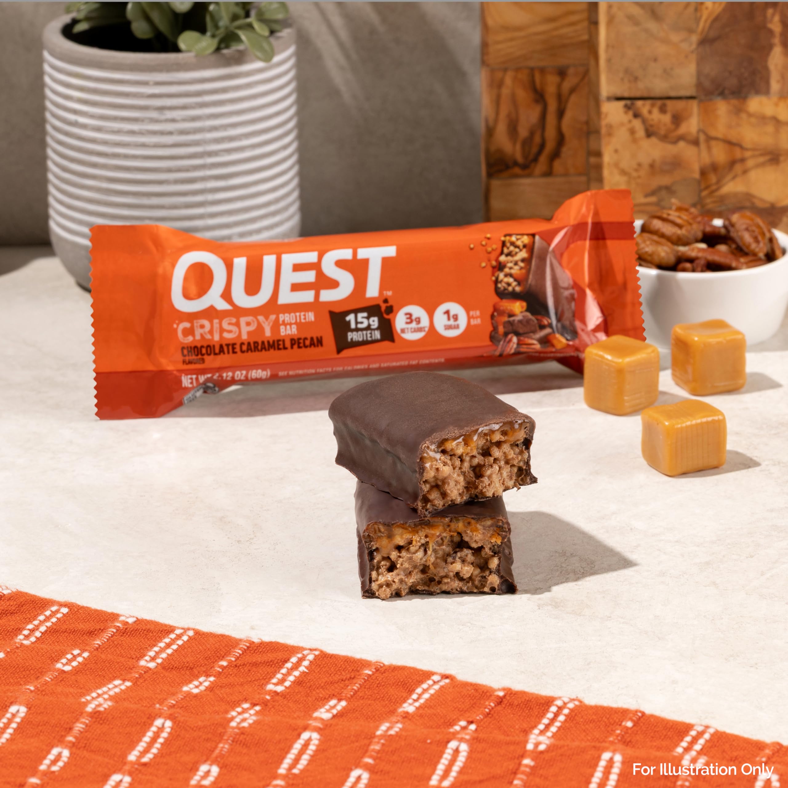 Quest bar label closeup emphasizing 15g protein and 1g sugar.