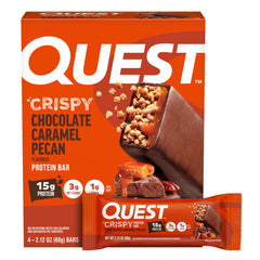 Quest Chocolate Caramel Pecan Bar packaging front for on-the-go protein snacking.