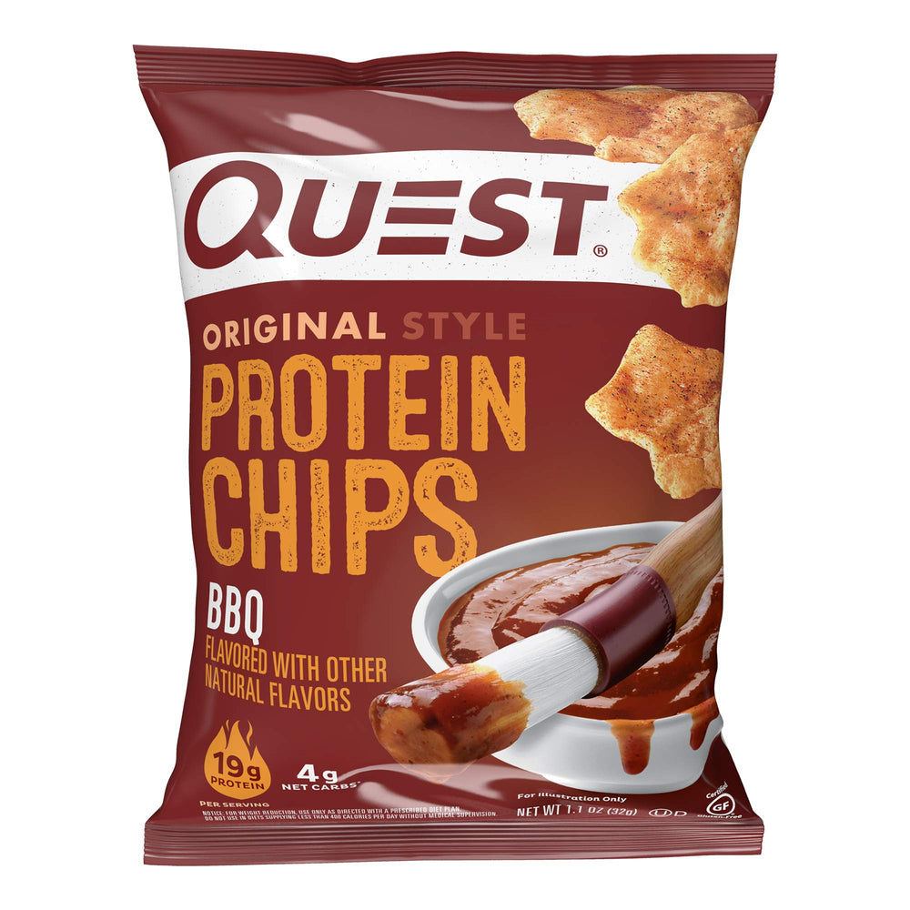 Quest BBQ Protein Chips crisp-bite highlights savory crunch with 19g protein per serving.
