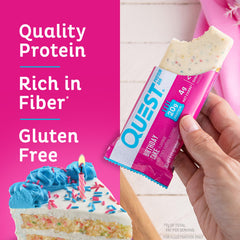 Quest Birthday Cake Bar four-pack, ideal daily protein boost.