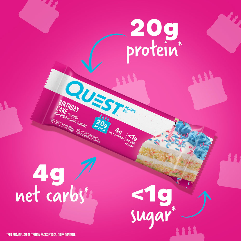 Quest Birthday Cake Bar, wrapped, convenient gym snack for fueling on the go.